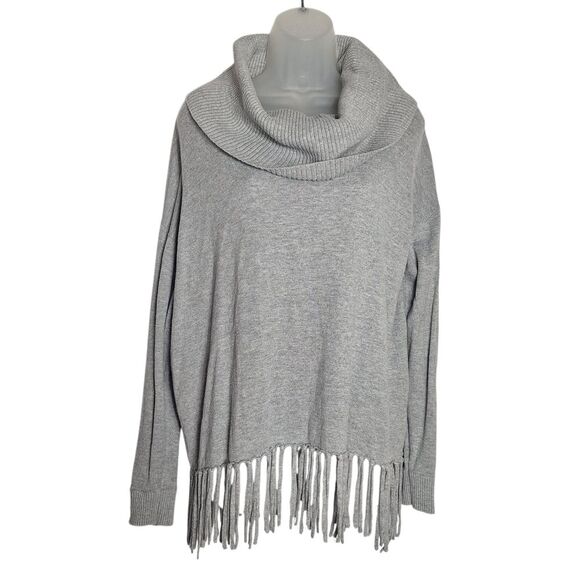 Michael Kors Womens Gray Cowl Neck Fringe Sweater Long Sleeve Loose Fit Medium - Picture 1 of 11
